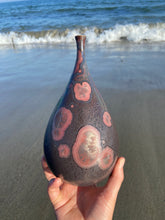 Load image into Gallery viewer, Iridescent Iron and Ruby Galaxy Crystalline Glazed Teardrop Vase