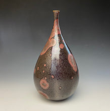 Load image into Gallery viewer, Iridescent Iron and Ruby Galaxy Crystalline Glazed Teardrop Vase