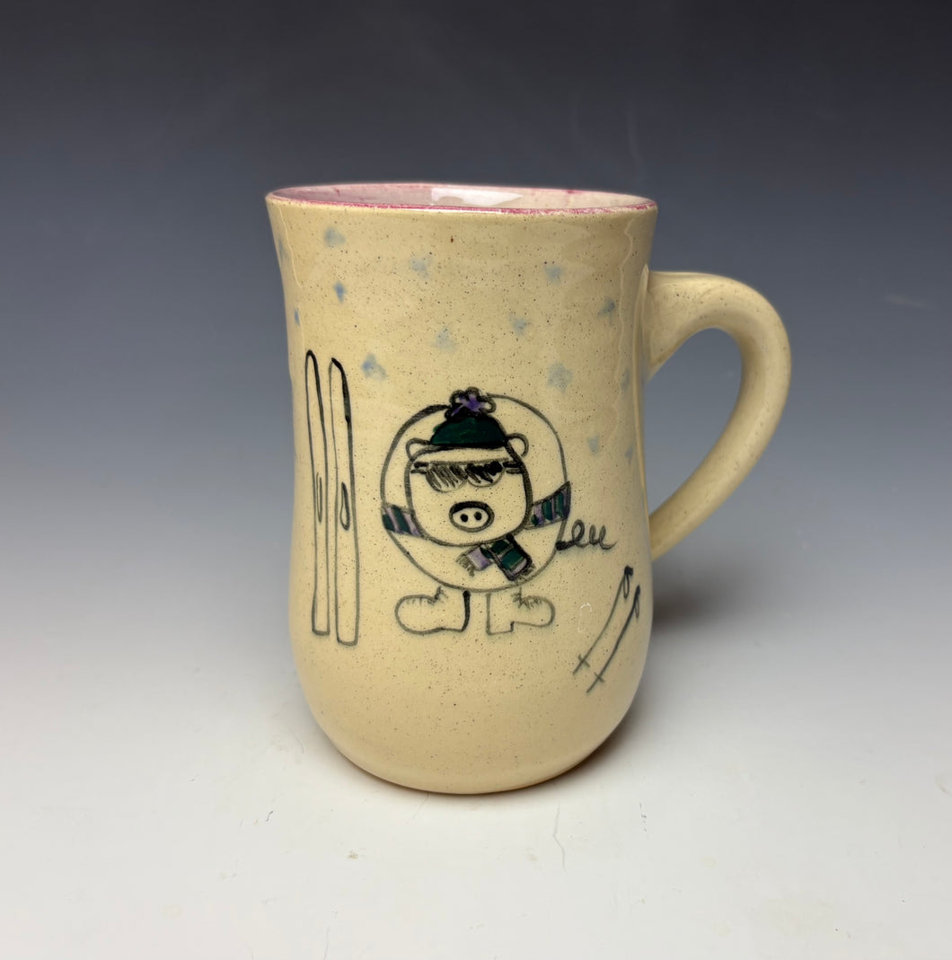 Skiing Pig Mug- Pink