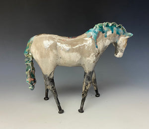 White Crackle and Teal Raku Horse 848