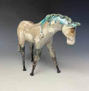 White Crackle and Teal Raku Horse 848