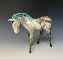 Load image into Gallery viewer, White Crackle and Teal Raku Horse 848
