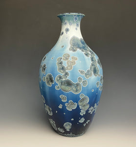 Deep Ocean Blue and Silver Crystalline Vase