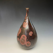 Load image into Gallery viewer, Iridescent Iron and Ruby Galaxy Crystalline Glazed Teardrop Vase
