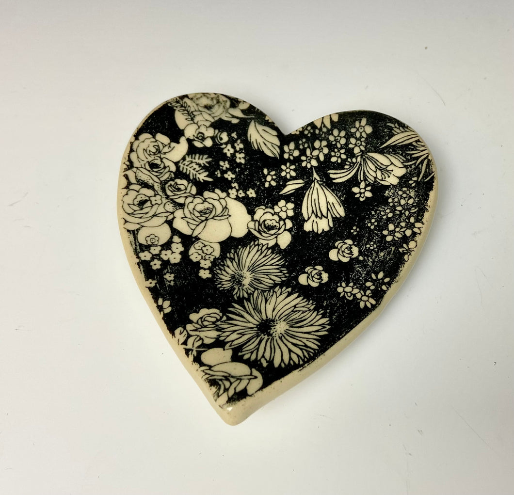Mini Heart Dish- Black Flowers