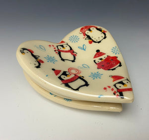 Mini Heart Dish- Penguins with Sweaters